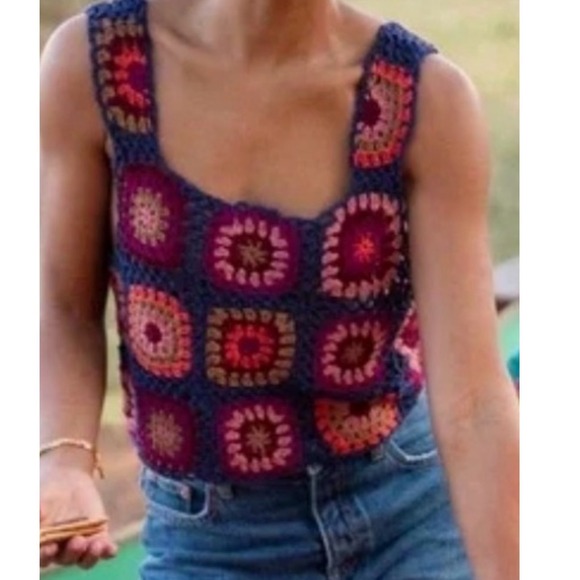 NATURAL LIFE Tops - Natural Life Crochet Granny Square Tank Top Multicolor Boho Crop L/XL TOP963 NEW